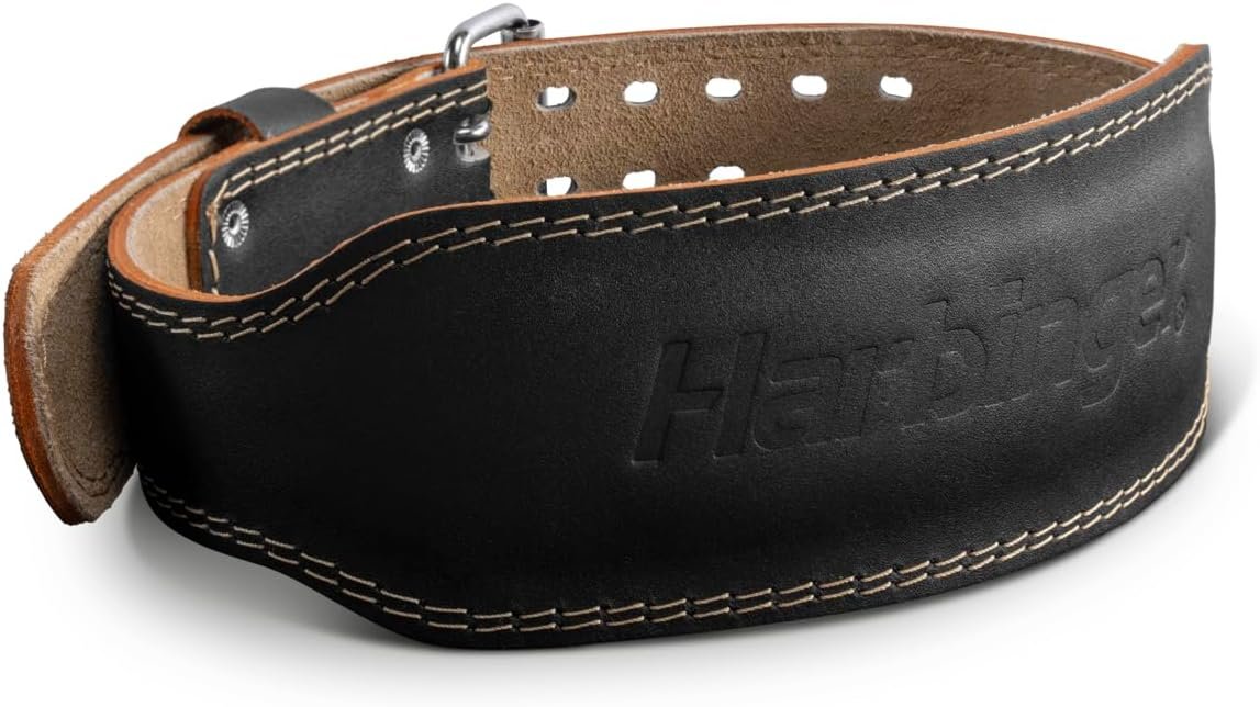Harbinger Padded Leather Contoured Weightlifting Belt – 4″ or 6” Width – Interior Suede Lining & Foam Cushioning – Heavy-Duty Dual Prong Steel Roller Buckle – for Lifting Support
