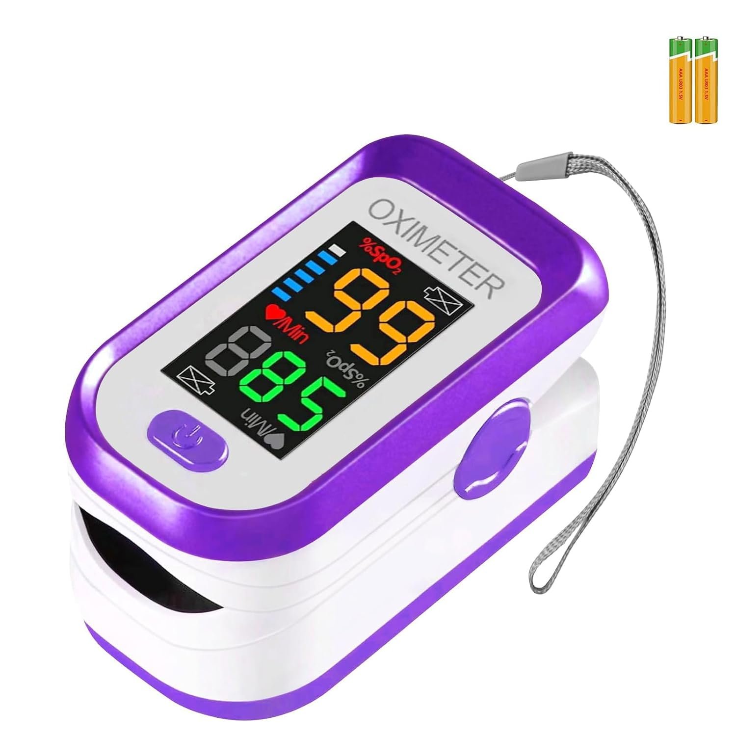 Fingertip Oximeter with Large LED Display,with AAA Battery Lanyard Purple