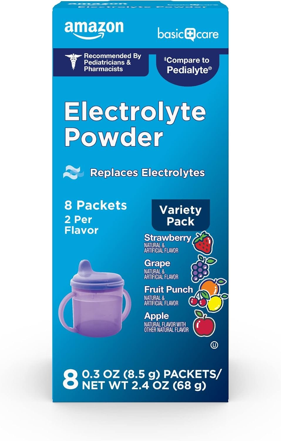 Amazon Basic Care Electrolyte Powder Variety Pack, Apple, Fruit Punch, Grape, Strawberry, 8 Count
