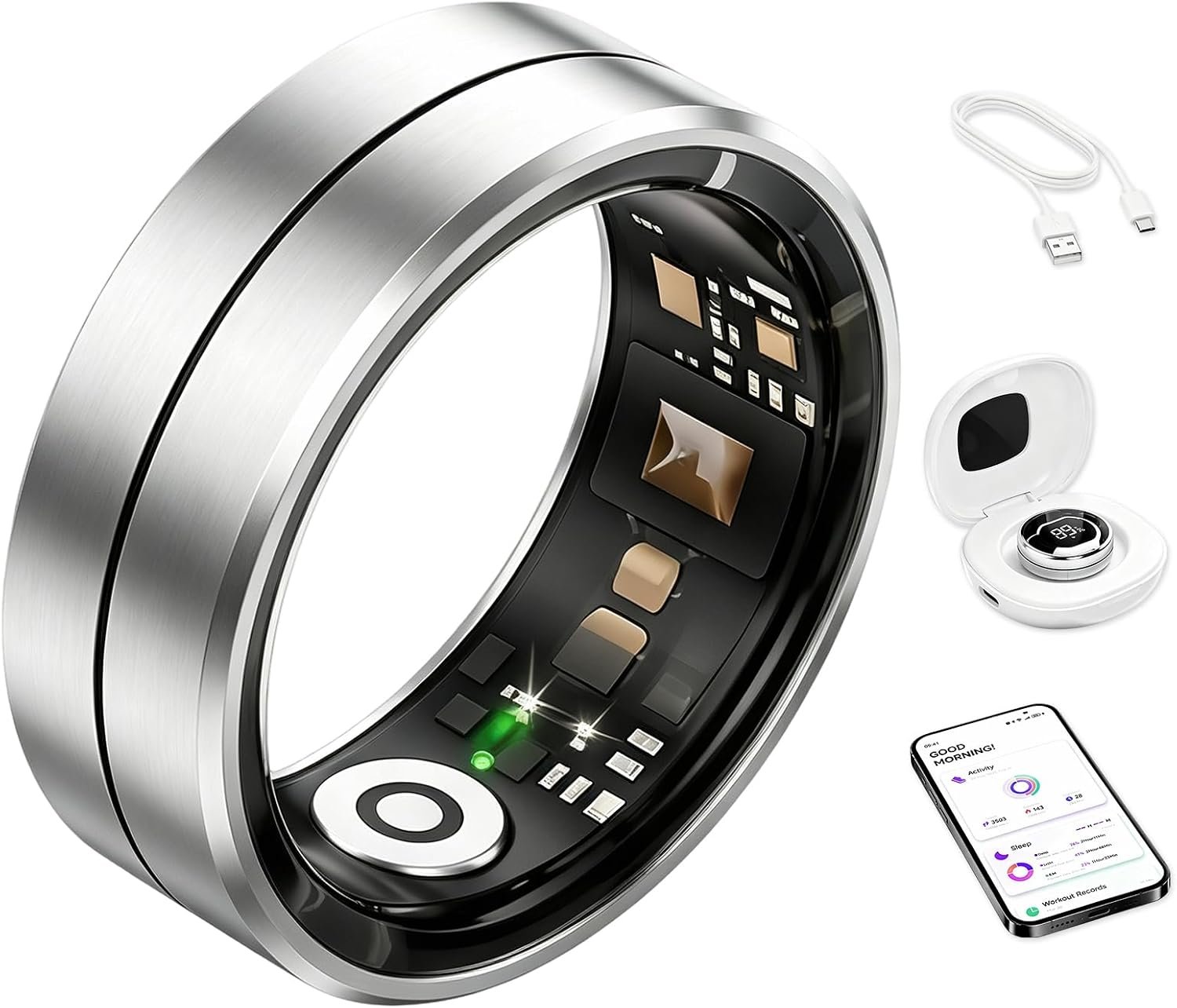 Fvtga Smart Ring for Women Men, Health Tracker Ring with Charging Case, Sleep Fitness Activity Tracker, Heart Rate SpO2 HRV Stress Monitor, IP68 Waterproof, No Subscription, iOS Android, Silver 9