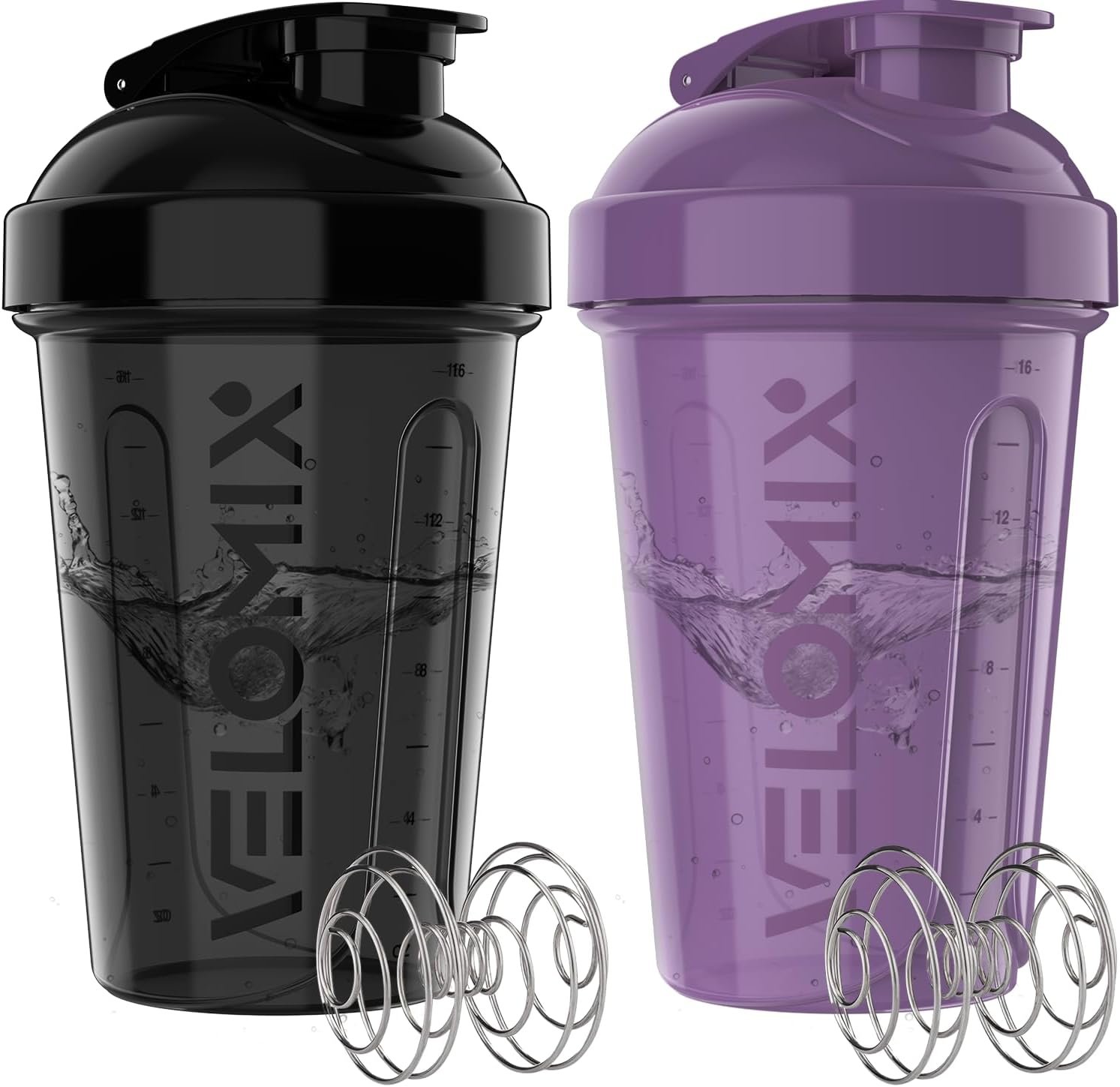 VELOMIX 2 Pack 20oz Protein Shaker Bottle for Protein Mixes, Purple/Black