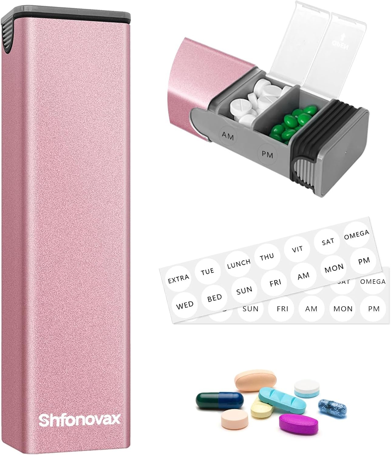 7 Day Metal Pill Organizer, Large Travel Pill Box with Day Labels (Pink)