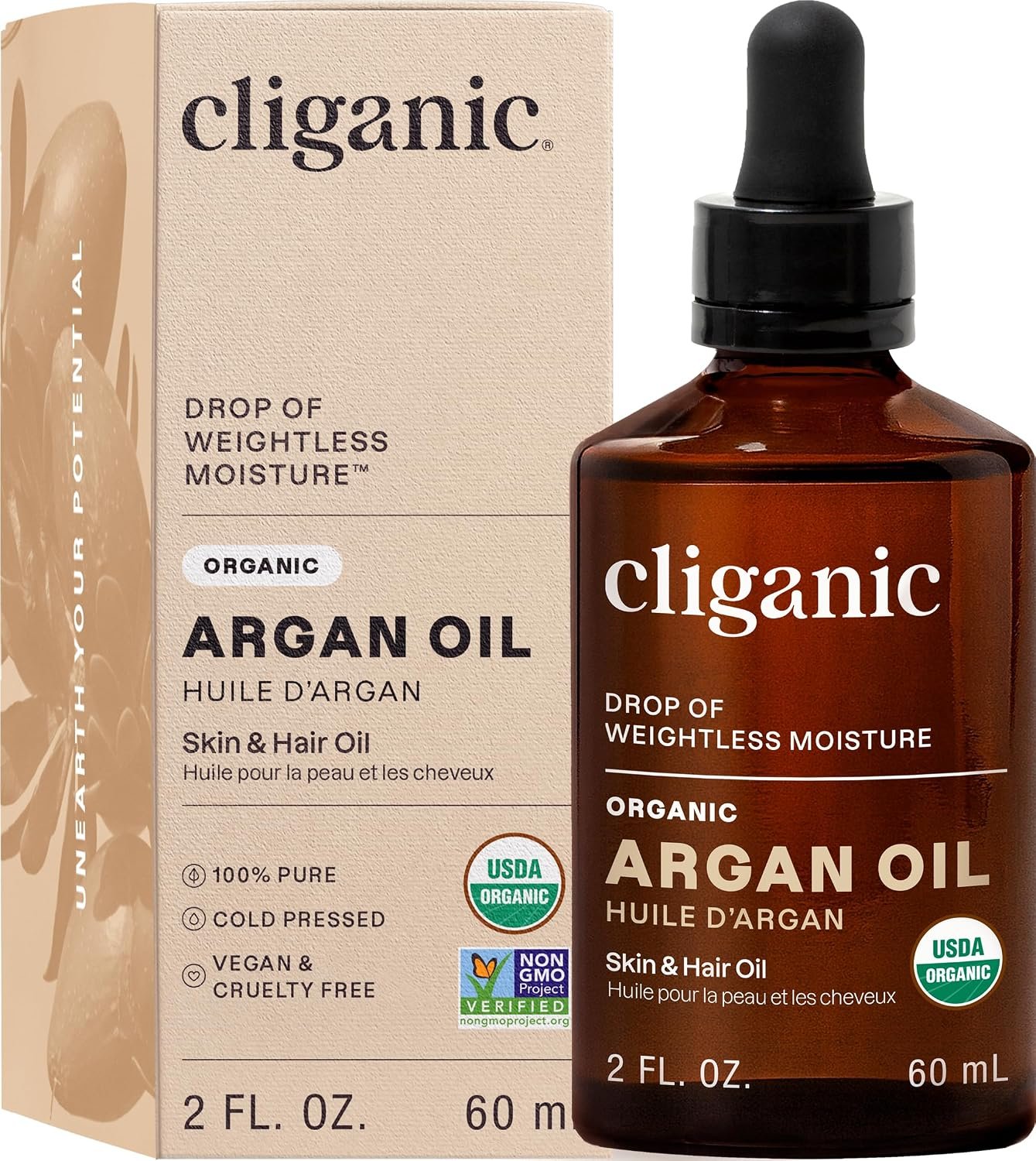 Cliganic Organic Argan Oil 100% Pure Cold Pressed For Hair, Face, Skin, 2oz
