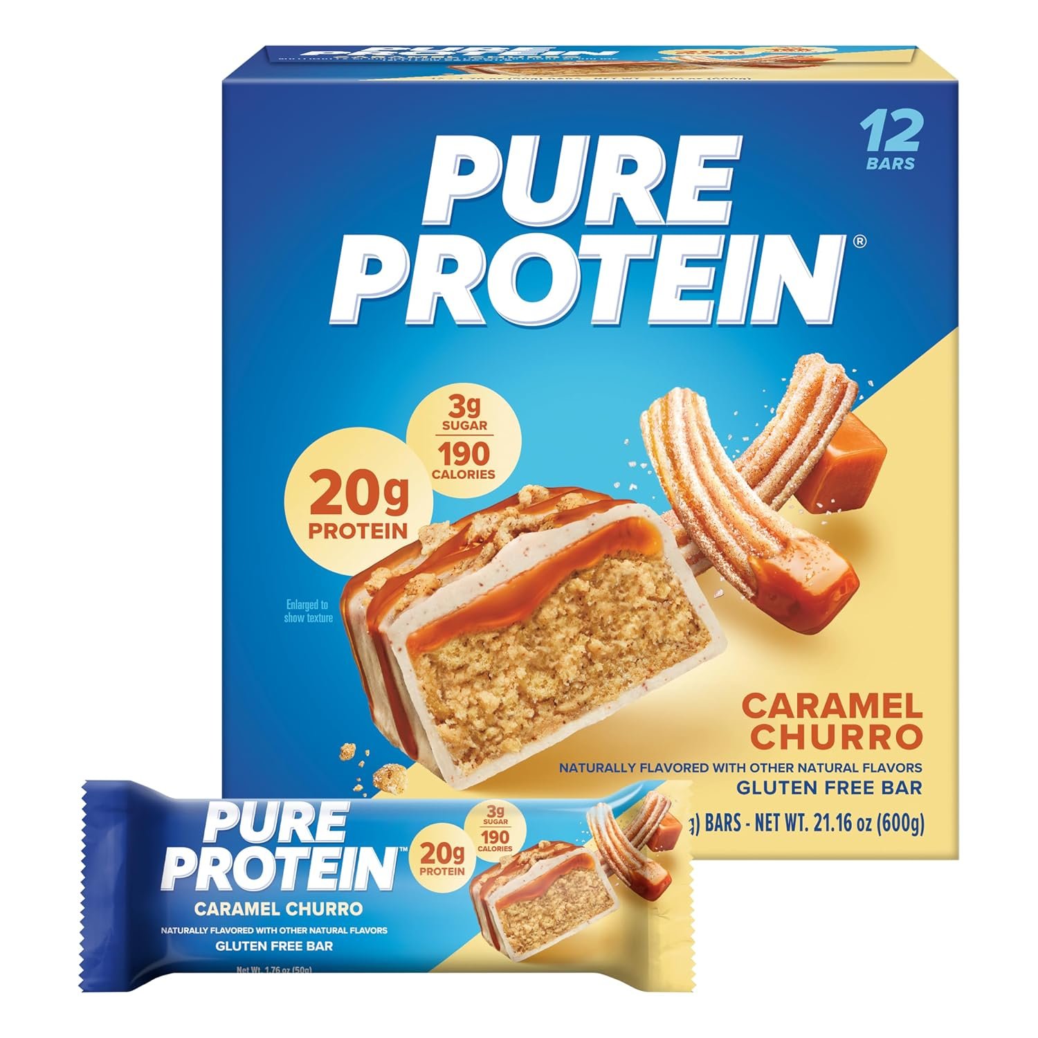 Pure Protein Caramel Churro Protein Bars, 20g Protein, Gluten Free, 12 Ct