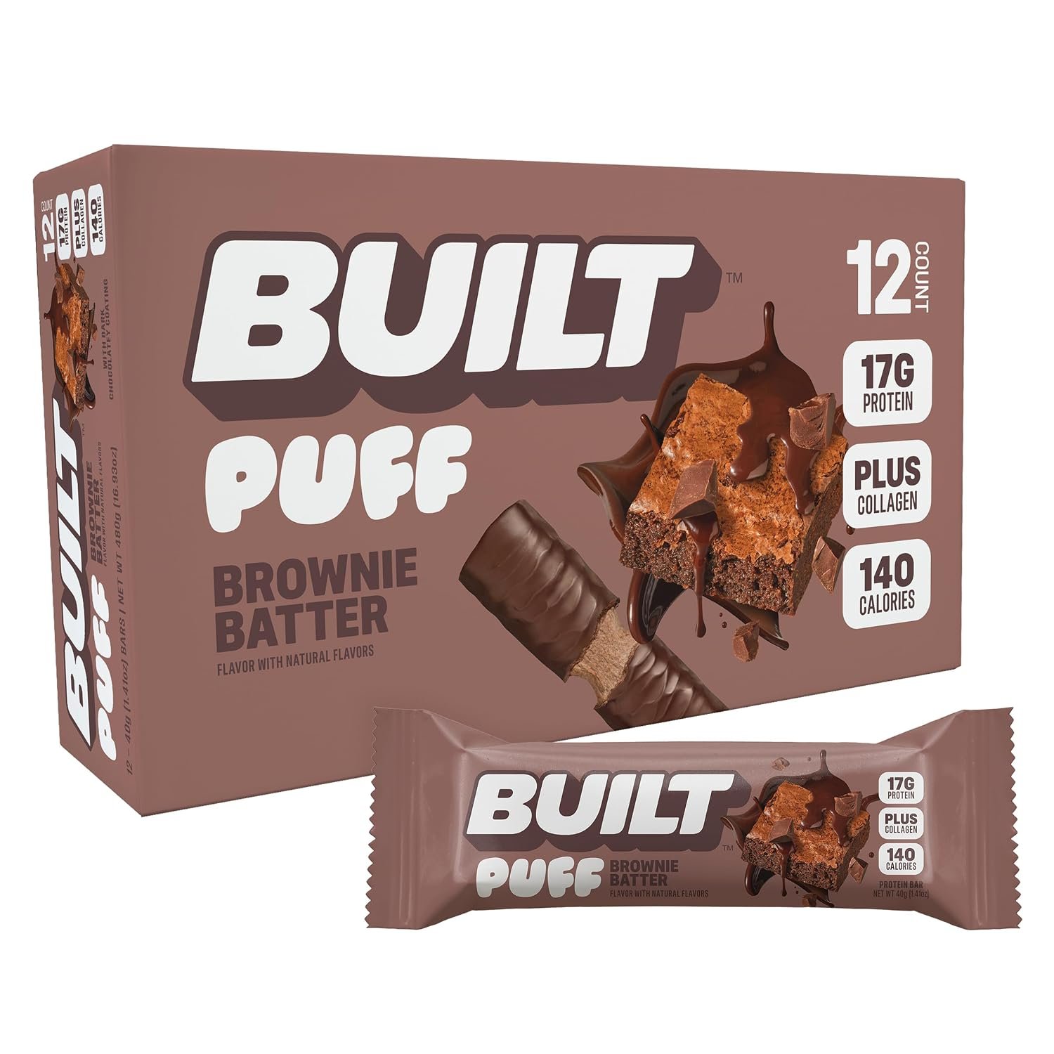 BUILT Puff Protein Bars, Brownie Batter, 17g Protein – 12 Count