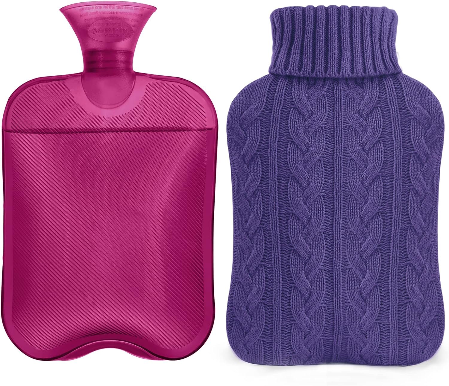 samply 2L Hot Water Bottle with Knitted Cover, Hot Water Bag, Purple