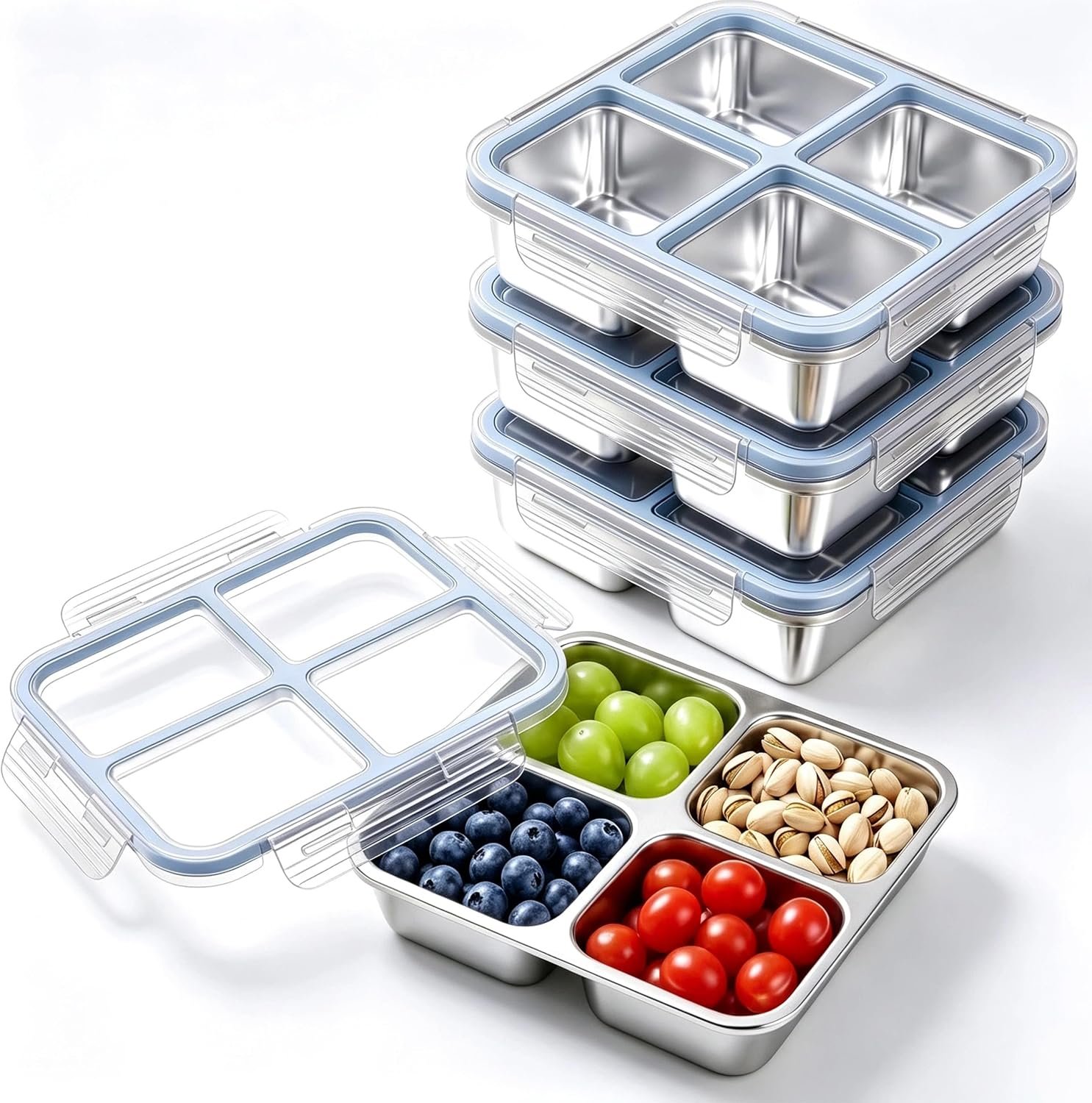 Stainless Steel Snack Containers with Lids, Snack Box Set of 4, 4-Compartment Divided Bento Box, Reusable Metal Food Storage Containers for Meal Prep, Office Gym Travel