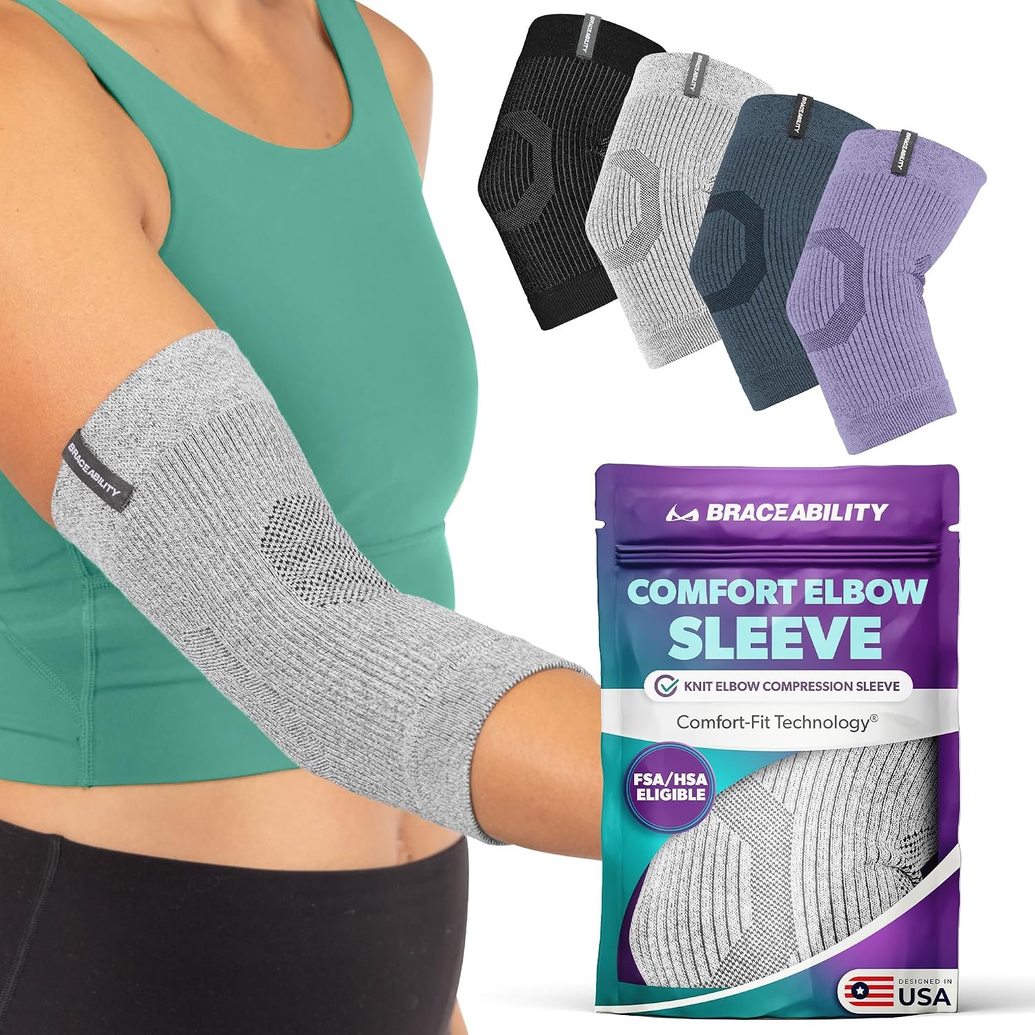 BraceAbility Elbow Compression Sleeve for Bursitis – Olecranon Elbow Brace for Tendonitis, Tennis Elbow, Golfers Elbow, Arthritis, Elbow Pain Relief Arm Sleeve for Women and Men (L – Gray)