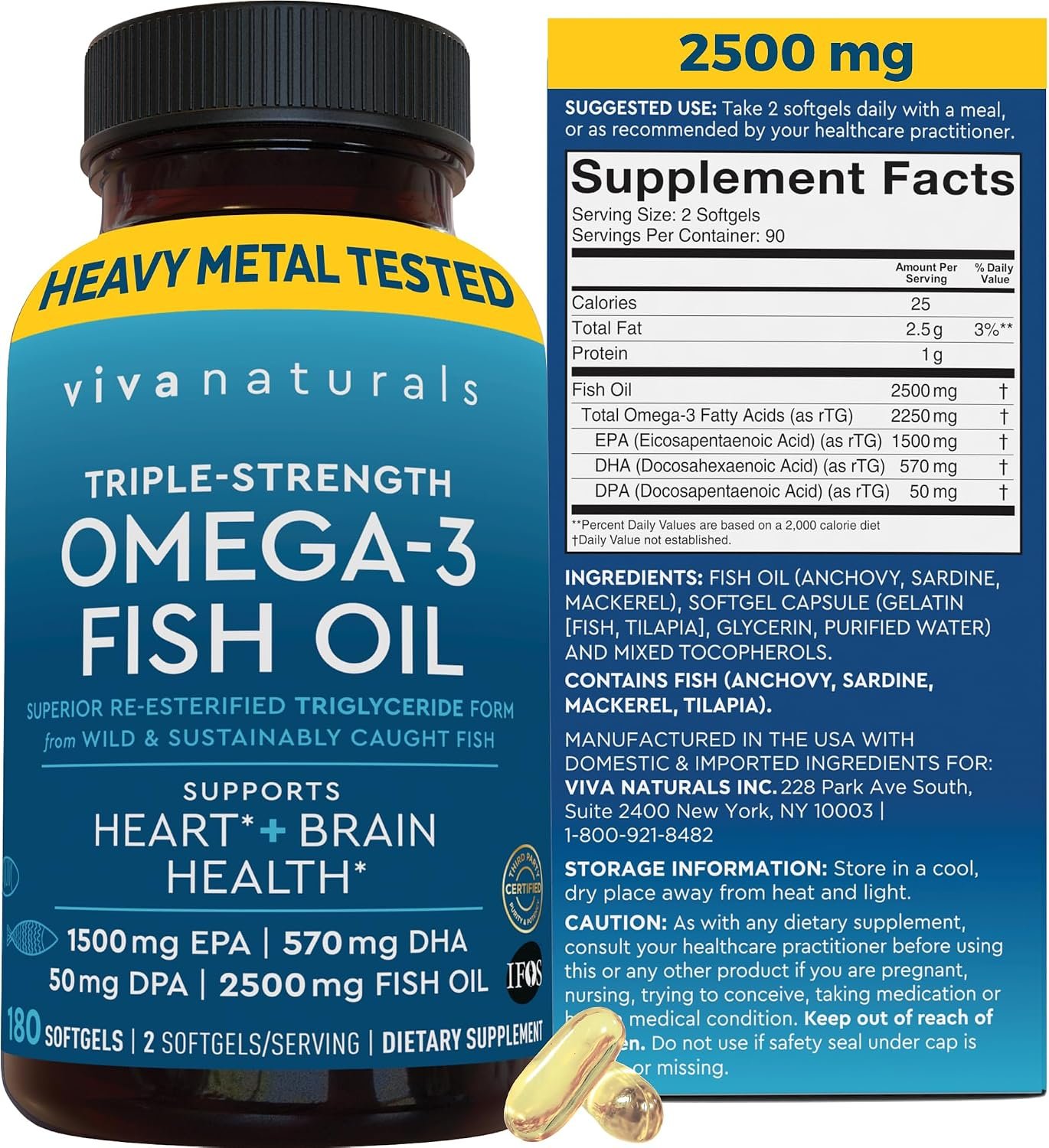 Viva Naturals Omega 3 Fish Oil Supplement for Women and Men – 2500 mg Triple Strength Fish Oil per Serving with Omega 3 Fatty Acids Including EPA, DHA DPA – 180 Pescatarian-Friendly Softgels