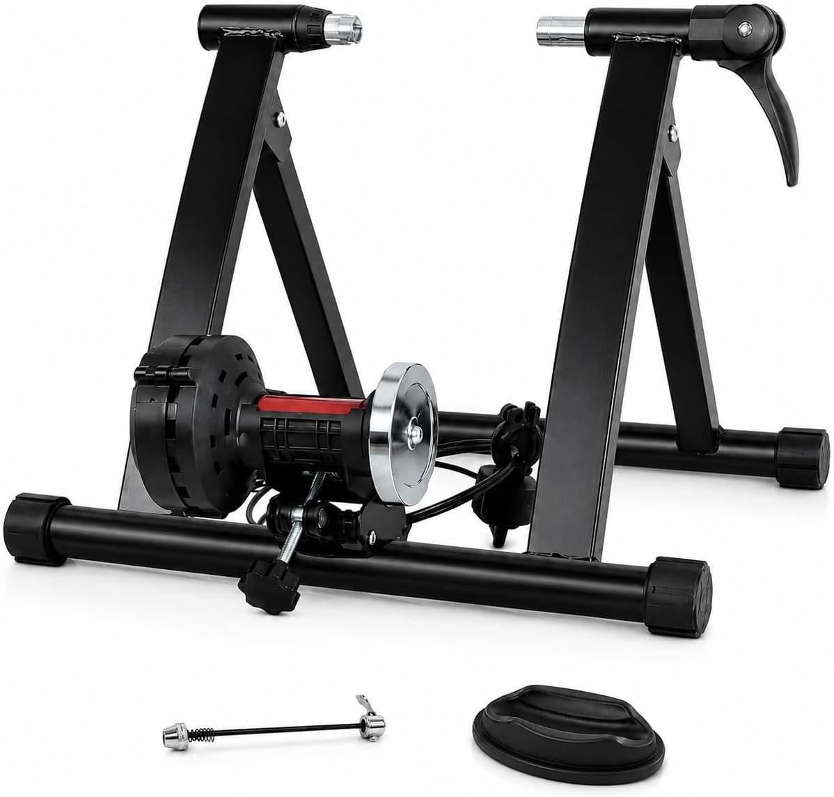 Bike Trainer Stand for Indoor Riding – Portable Magnetic Trainer for Road & Mountain Bikes, Fits 26-29″ & 700C Wheels，6 Resistance Levels, Quick Release Skewer & Front Wheel Riser Block Included.