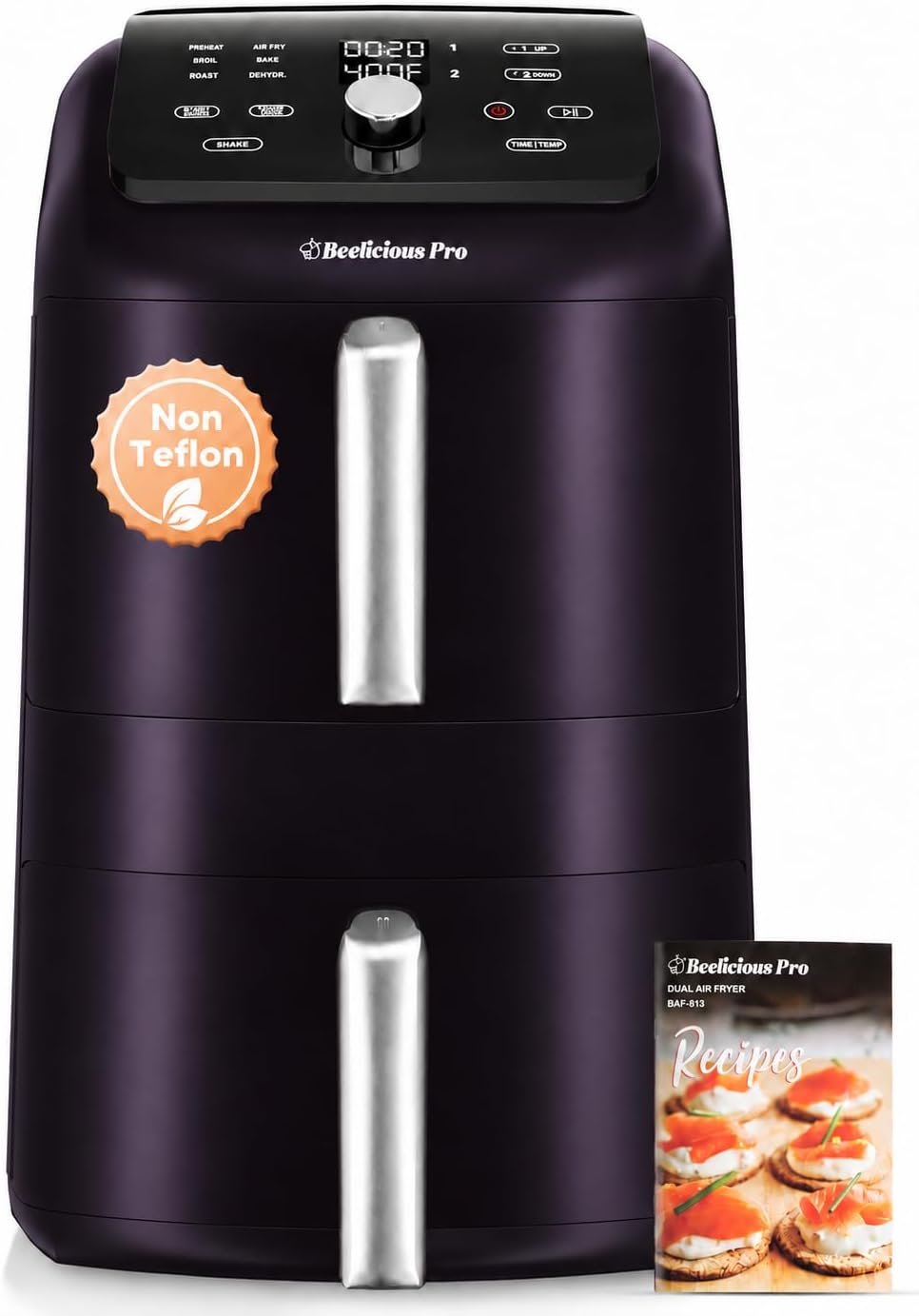 12QT Large Double Air Fryer, Family-Size Dual Airfryer with 2 Baskets, SyncHeat Even Heating, Stacked Compact Design, Smart Finish & Match Cook, PFAS-Free Nonstick, Dishwasher-Safe, Blackish Purple