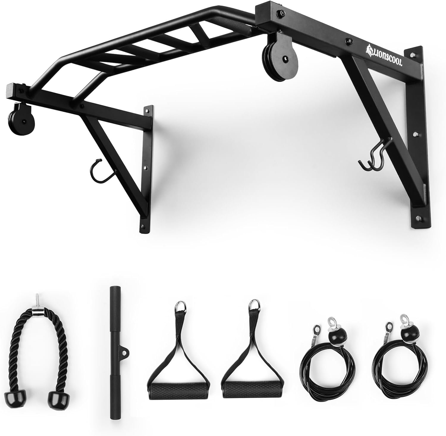 LIONSCOOL Multifunctional Wall Mounted Pull Up Bar with Pulley System, 48″ and 16″/24″ Multi-Grip Chin Up Bar, Cable Pulley Attachments Included, Perfect for Upper Body Workouts