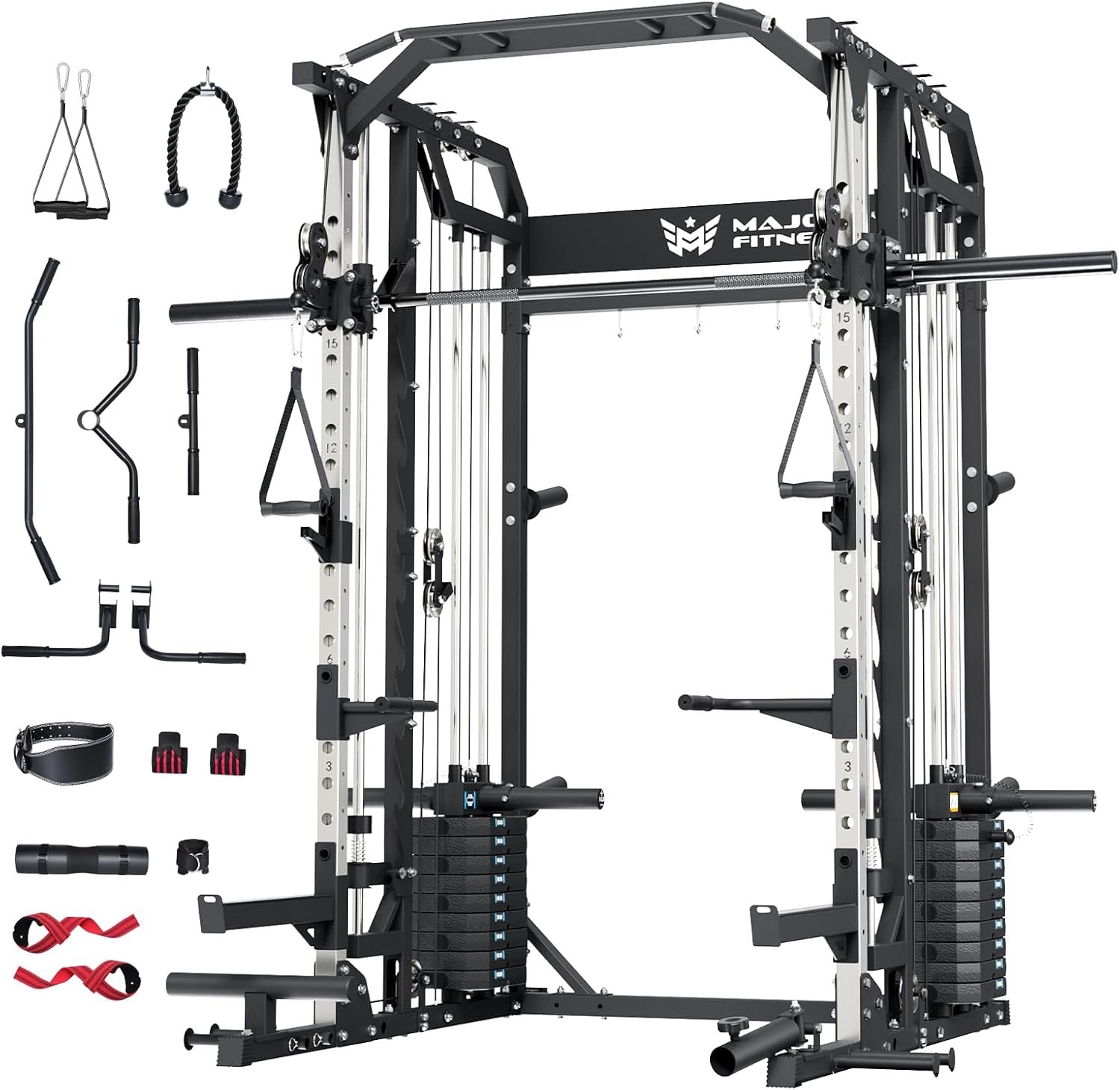Major Fitness Drone2 Advanced Training Smith Machine – All-in-One Home Gym Squat Rack with Aluminum Pulley Set, Weight Bar, Dual LAT Pull-Down Systems & Cable Crossover Machine for Full-Body Workouts