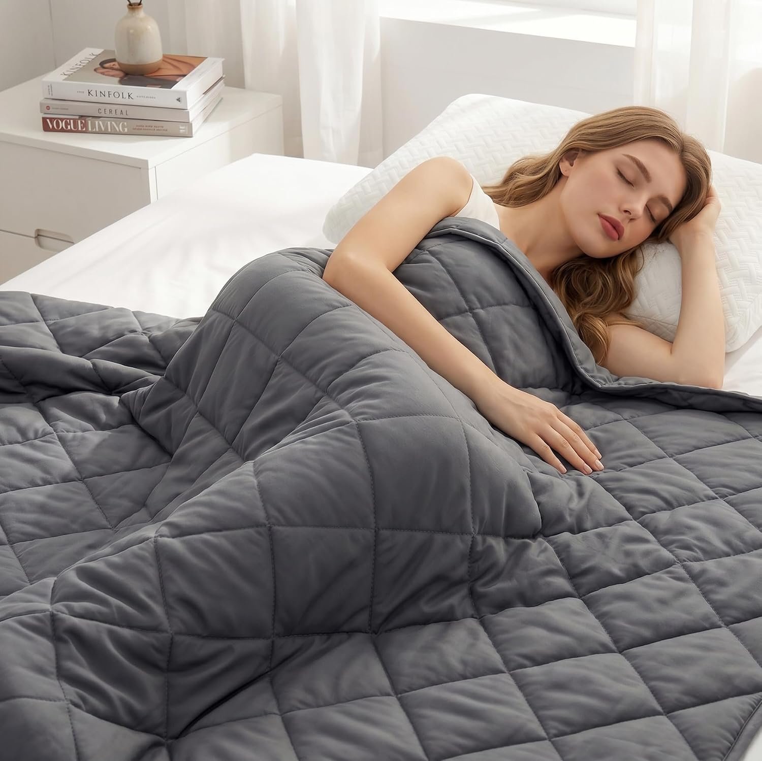 Smart Queen Weighted Blanket for Adults 15 lbs 48″ x 72″, Twin Size Cooling Heavy Blanket for Sleep, Soft Thick Breathable Cotton with Natural Glass Beads, Washable, All-Season
