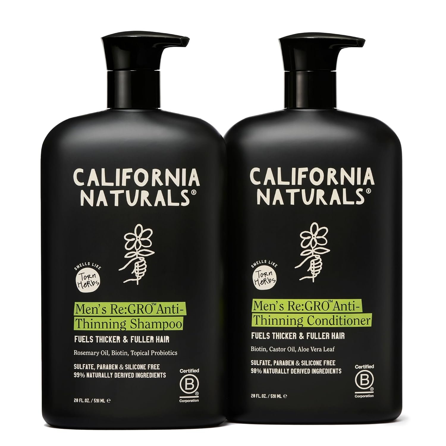 California Naturals Re:GRO Anti-Thinning Shampoo & Conditioner Set for Men, Biotin, Caffeine & Rosemary Oil, Hair Loss & Thinning Hair Support, Sulfate Free, 20 oz
