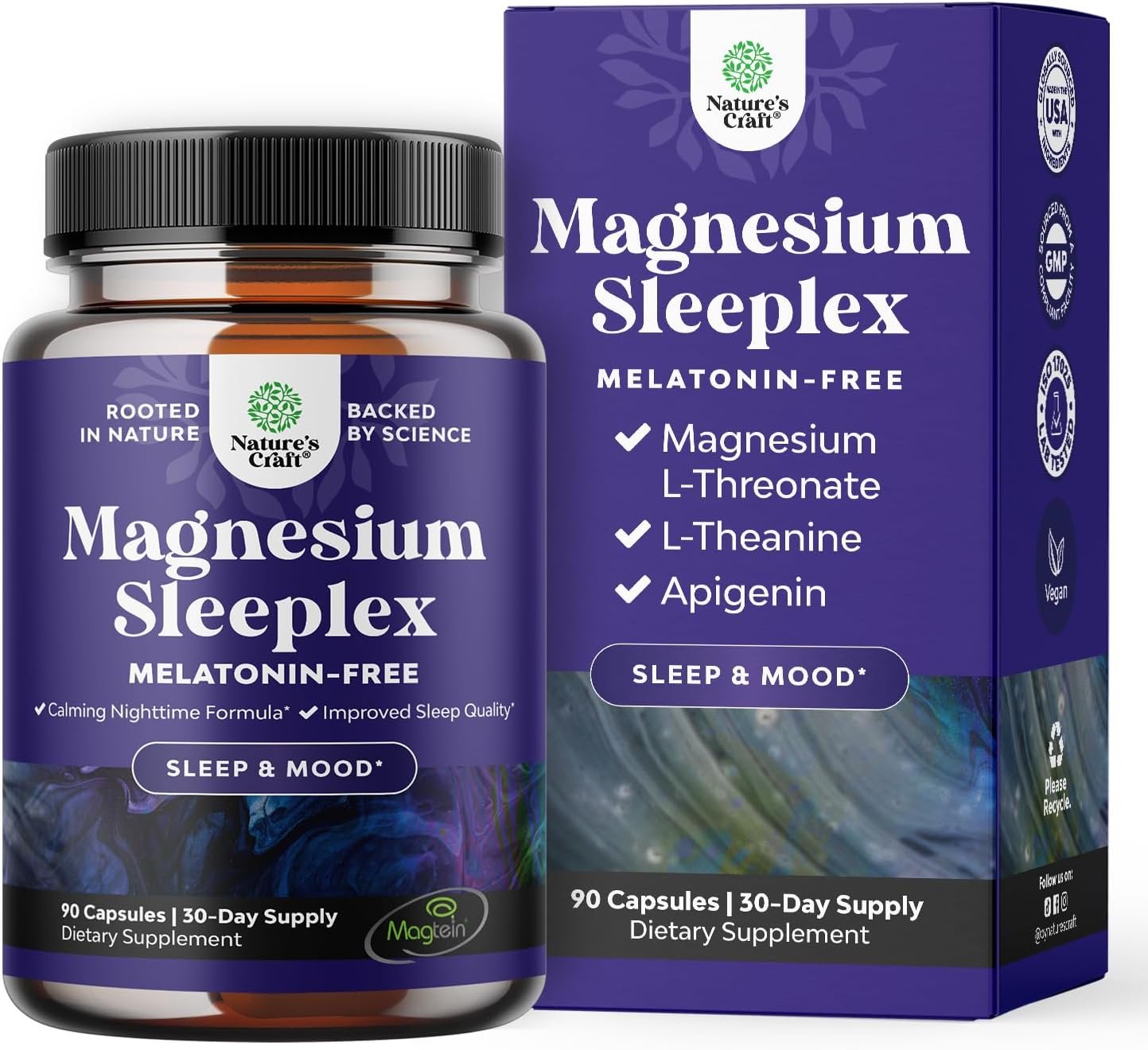 Magnesium L-Threonate Complex w Theanine, Apigenin, for Sleep aid – 90ct