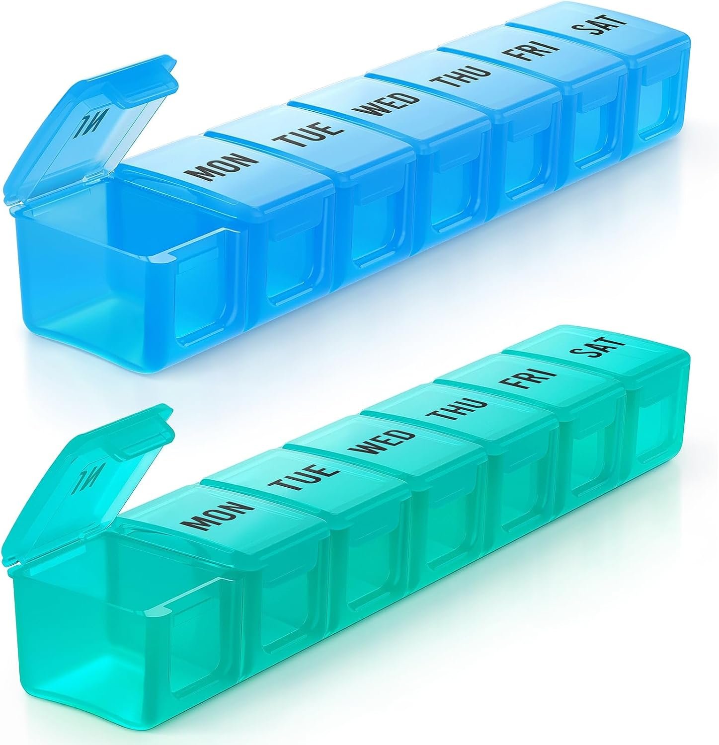BUG HULL Large Weekly Pill Organizer Large 2 Packs, Medicine Pill Organizer for Vitamins, Pill Box 7 Day, Travel Pill Case for Fish Oils, Supplements and Medications (Blue+Green)