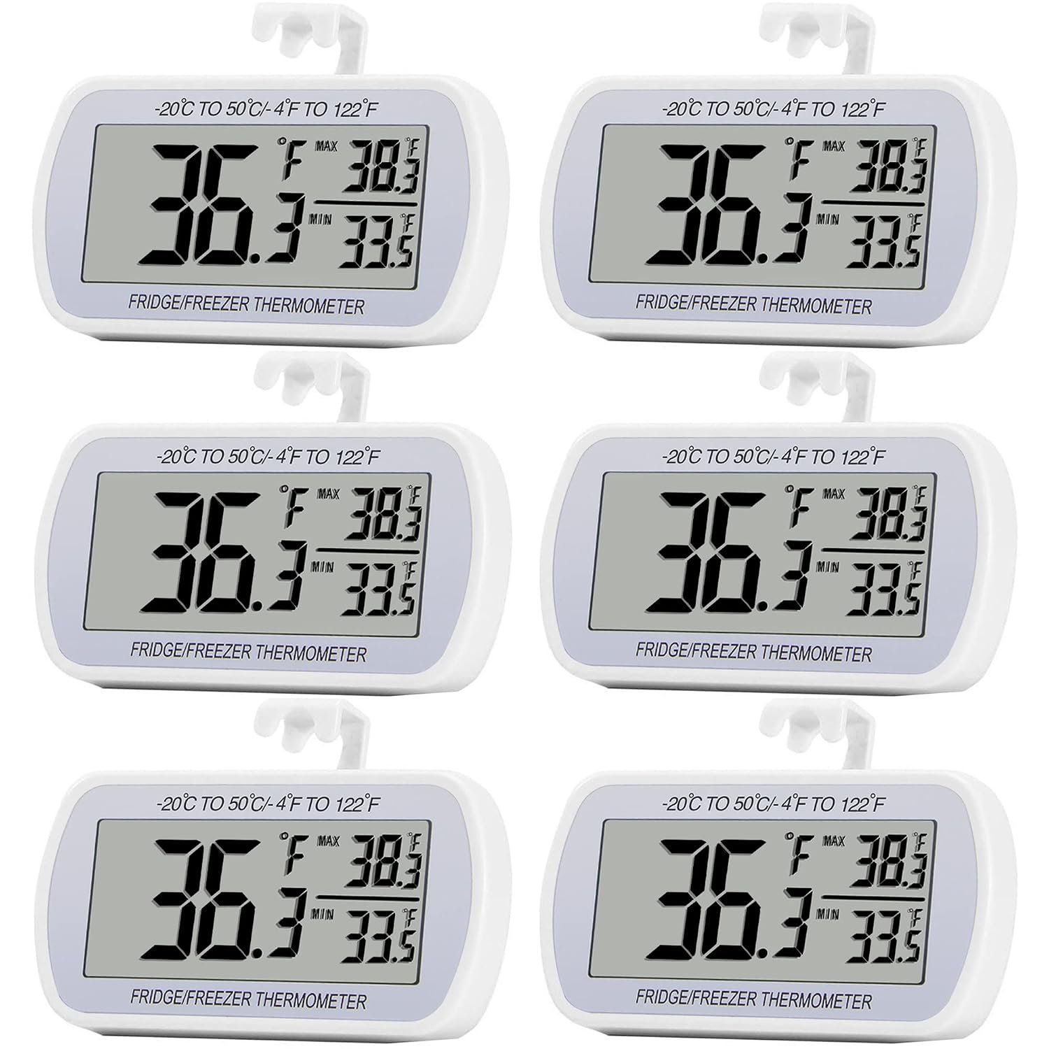 6 Pack Digital Refrigerator Thermometer Fridge Freezer Room Thermometer Waterproof Large LCD Display Max/Min Record Function, White