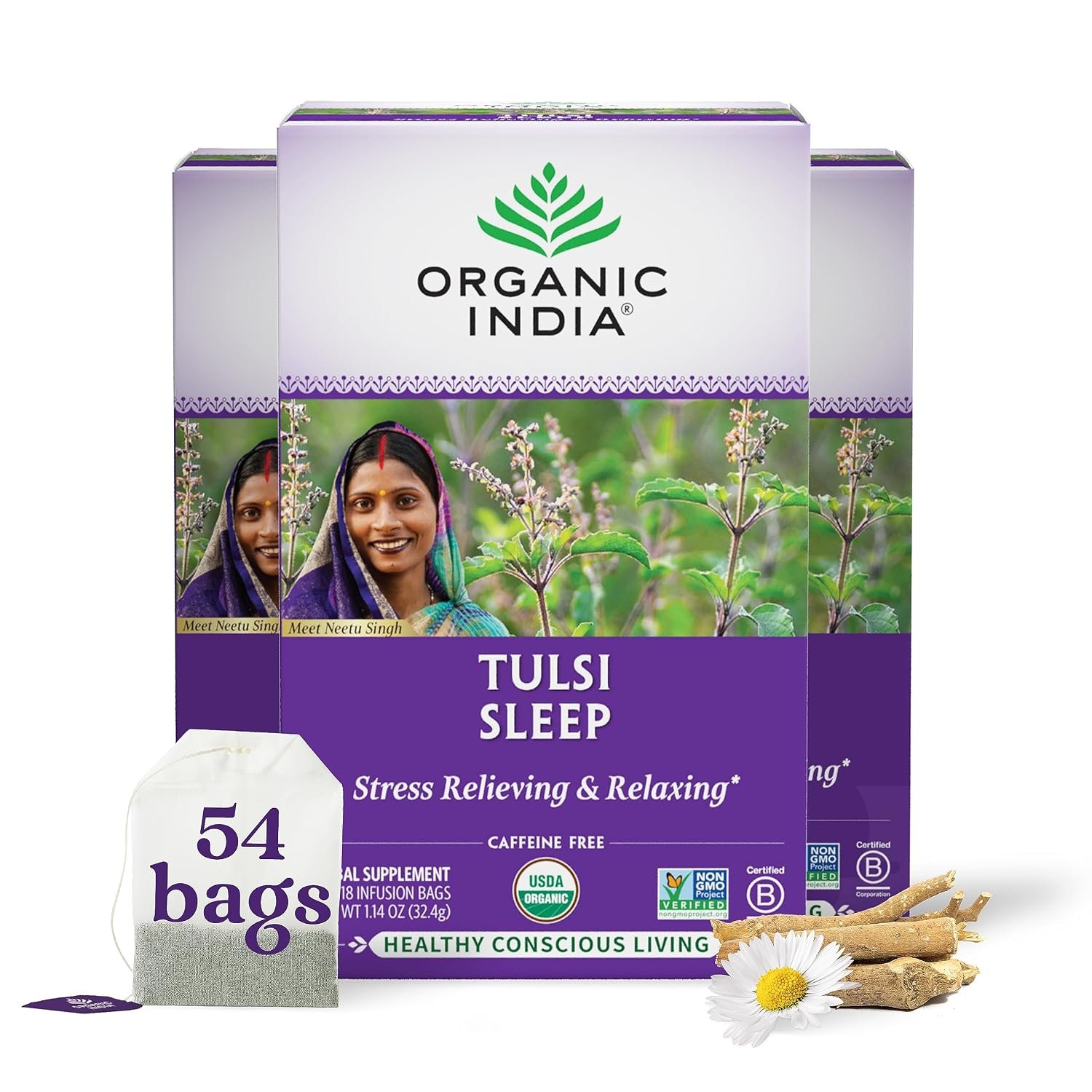 ORGANIC INDIA Tulsi Sleep Herbal Tea, Holy Basil, 18 Infusion Bags, 3 Pack