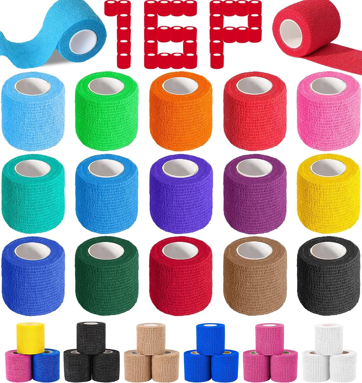 AZEN 16 Pack Self Adhesive Bandage Wrap, 2″ X 5 Yards Elastic Cohesive Bandage Wrap, Color Athletic Tape, Vet Wrap, Ankle Tape